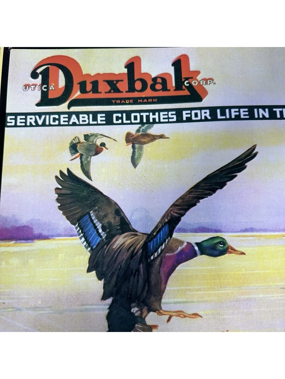 Vintage Duxbak Hunter Clothing Sign Metal Tin 17” x 13.75” Duck Hunting Decor